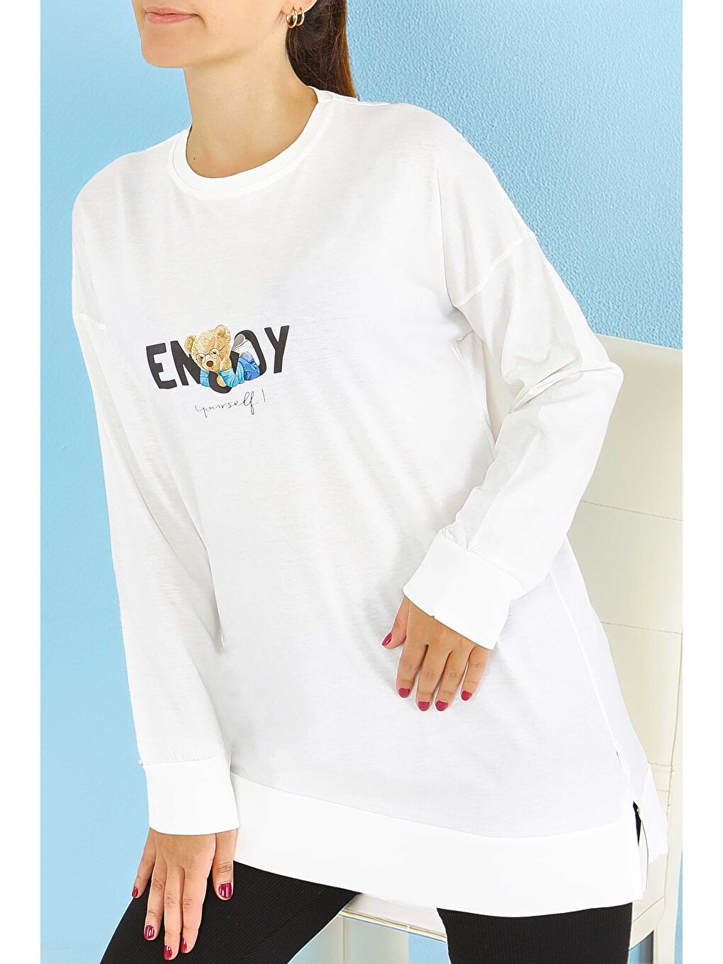 Uzun Kollu Baskılı Süprem Tunik Beyaz - 27589-2