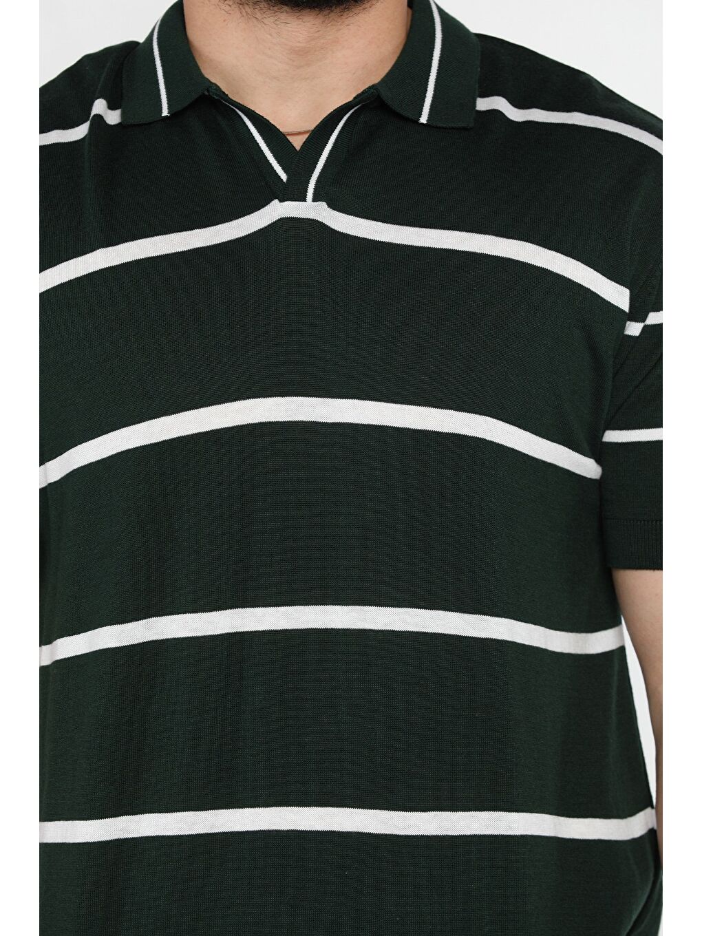 Yeşil Erkek Polo Yaka Çizgi Desenli Triko Tişört-3