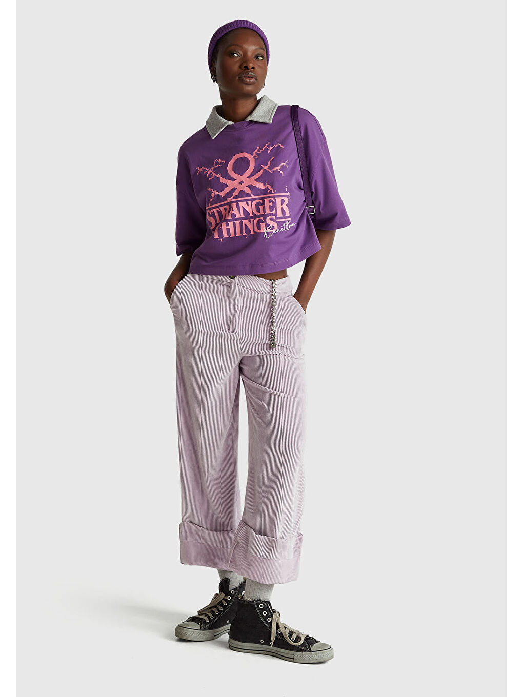 Kadın Mor  %100 Pamuk Boxy Fit Stranger Things Baskılı T-Shirt-4