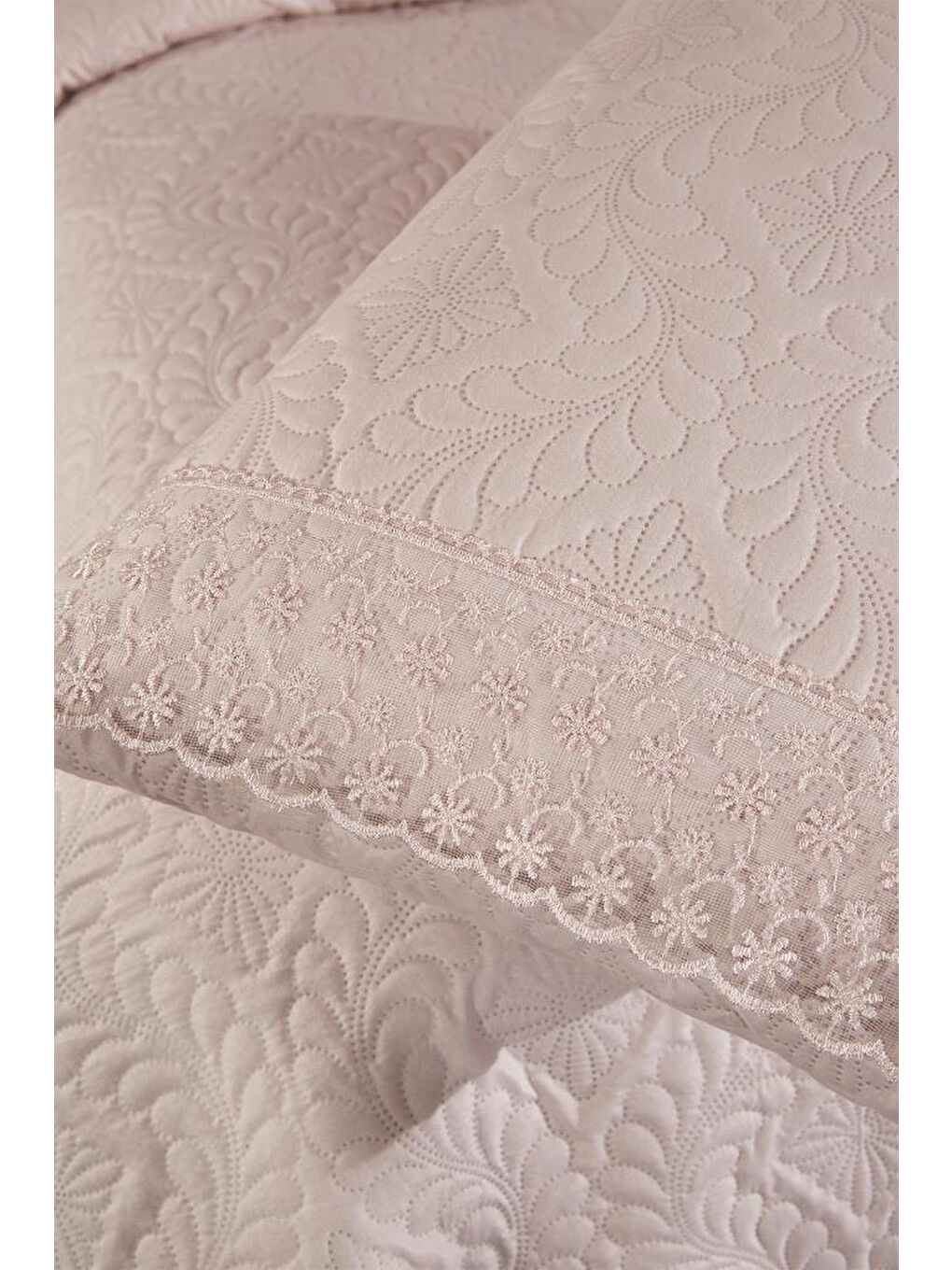Pembe Zoya Dantelli Kapitoneli Ultrasonik Çift Kişilik Yatak Örtüsü Pudra-6