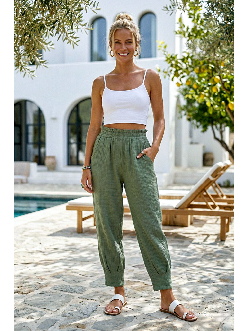 Haki Cepli Paçası Dikişli Lastikli Bel Şalvar Paça Casual Müslin Dokuma Pantolon 94 63-2