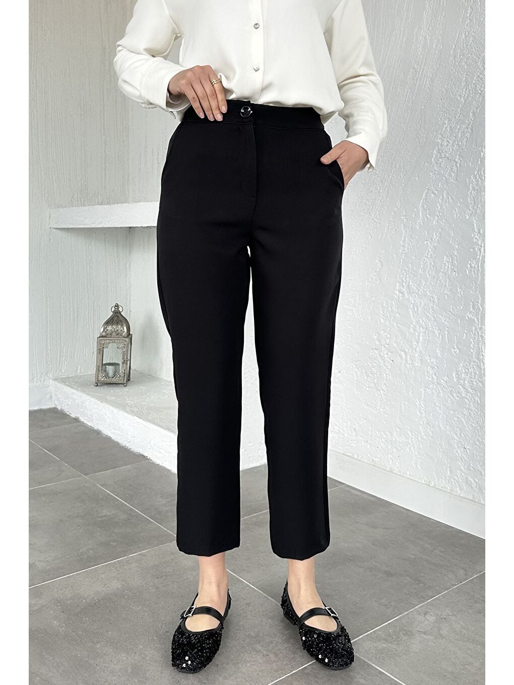 Siyah Puane Bel Lastikli Yüksek Bel Tesettür Kumaş Pantolon-2