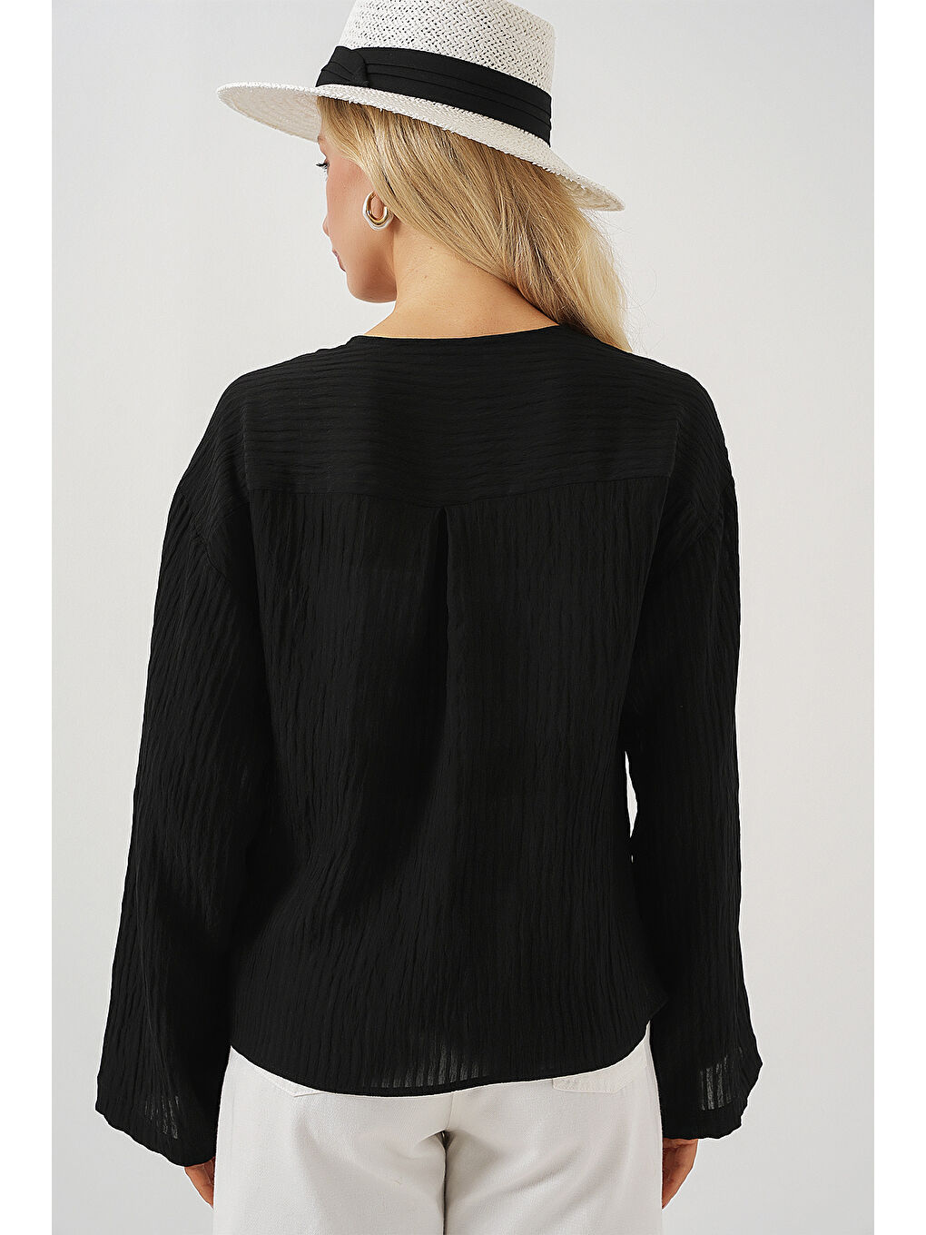 Kadın Önü Bağcıklı Bluz 952 - Siyah-5