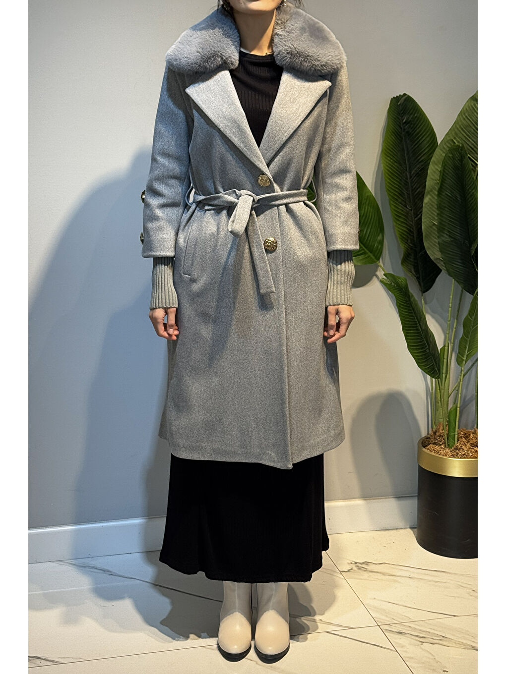 Kürk Detay Düğmeli Kaşe Kaban 6167 Gri-1