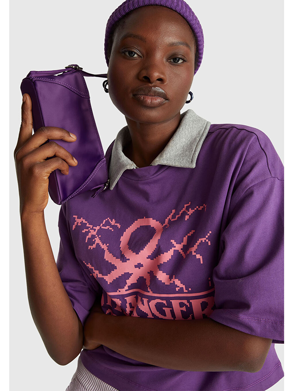 Kadın Mor  %100 Pamuk Boxy Fit Stranger Things Baskılı T-Shirt-5