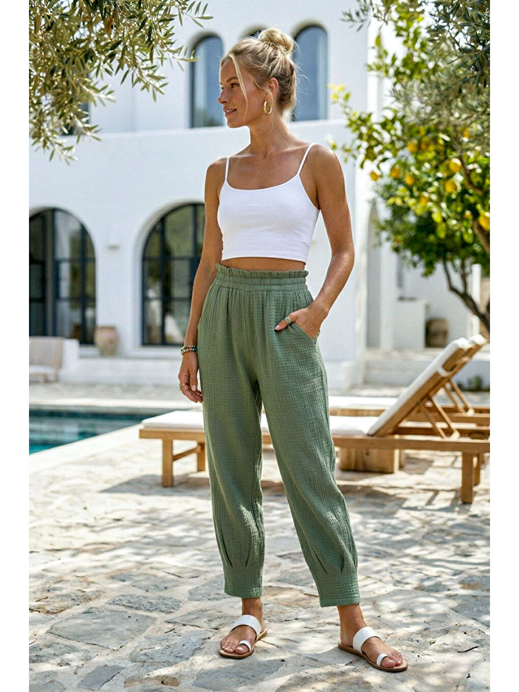 Haki Cepli Paçası Dikişli Lastikli Bel Şalvar Paça Casual Müslin Dokuma Pantolon 94 63-3