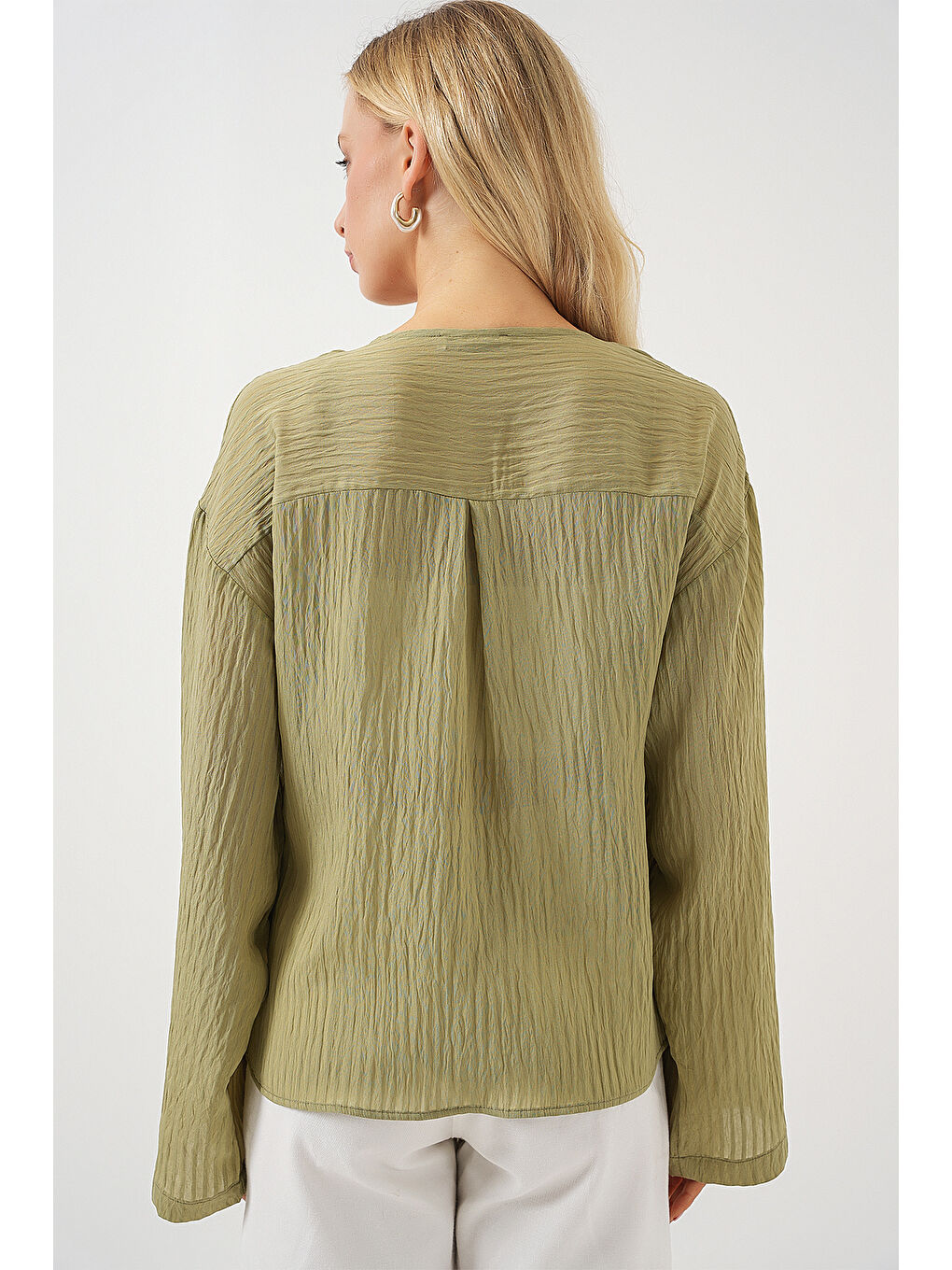 Yeşil Kadın Önü Bağcıklı Bluz 952 - Çağla-5