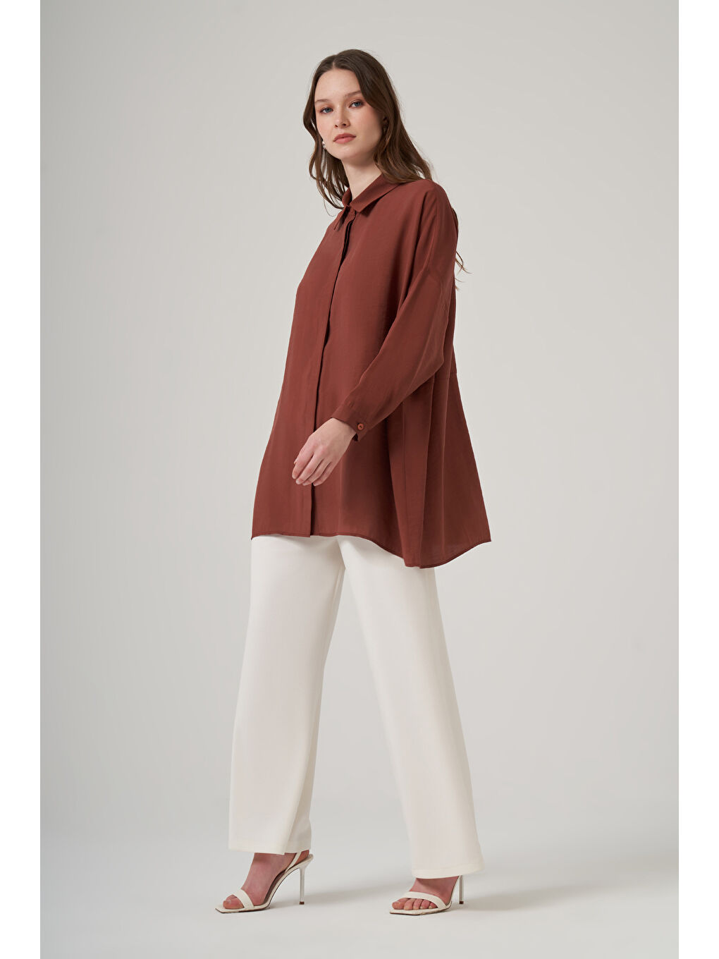 Kahverengi Oversize Basic Yazlık Gömlek 3001 Krokan-1