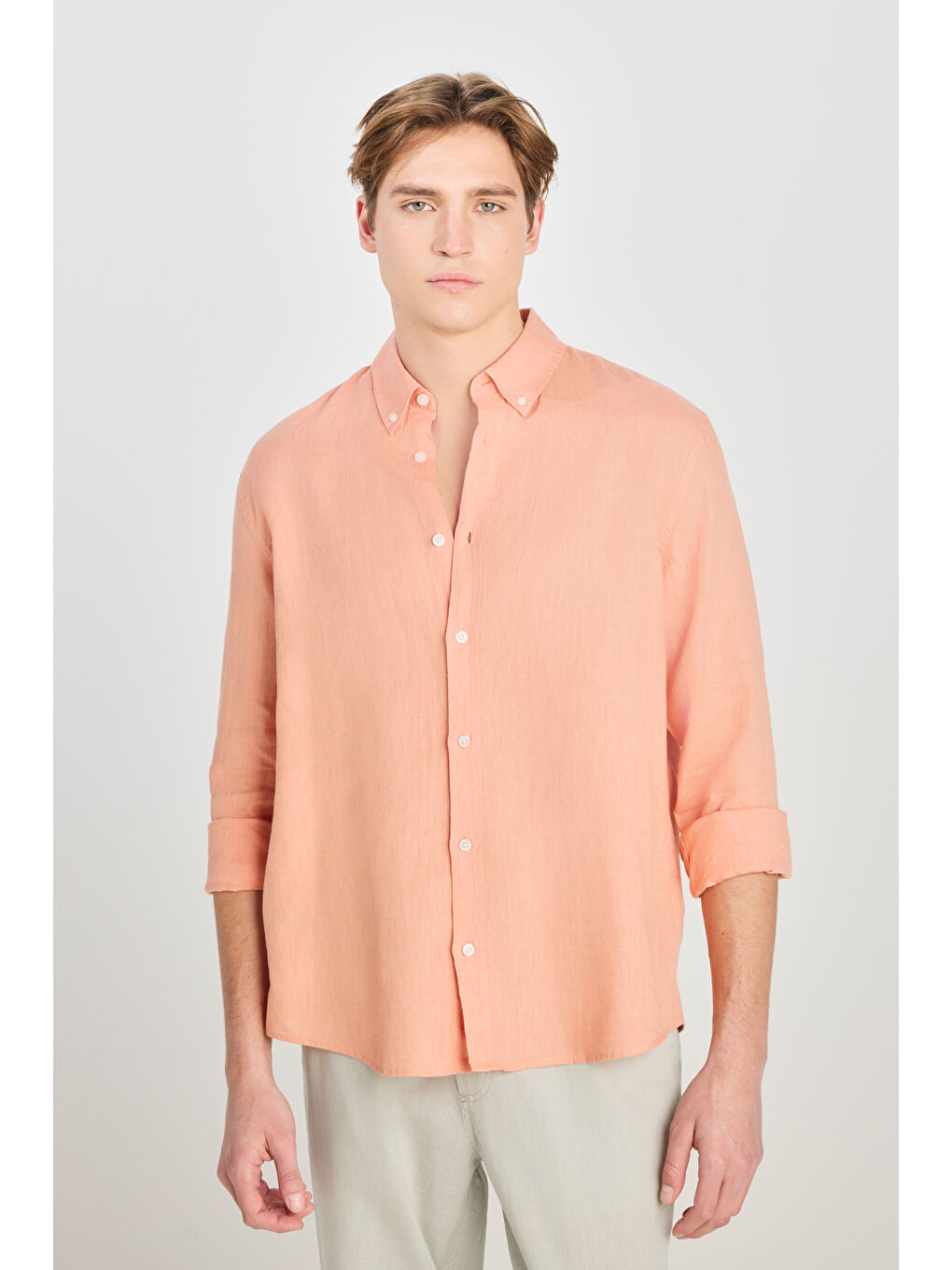 %100 Keten Regular Fit Normal Kesim Turuncu Gömlek-1