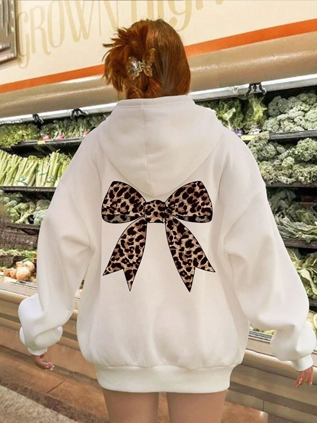 Kadın Beyaz Leopar Kurdele Baskılı Oversize Kapüşonlu Sweatshirt Hoodie
