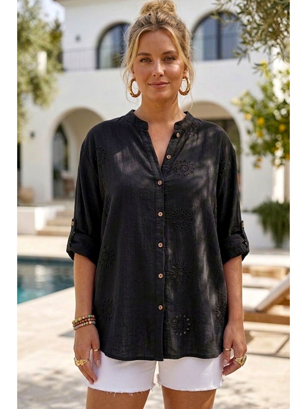 Siyah Hakim Yaka Düğmeli Uzun Kollu Düğmeli Casual Müslin Dokuma Gömlek 75 63