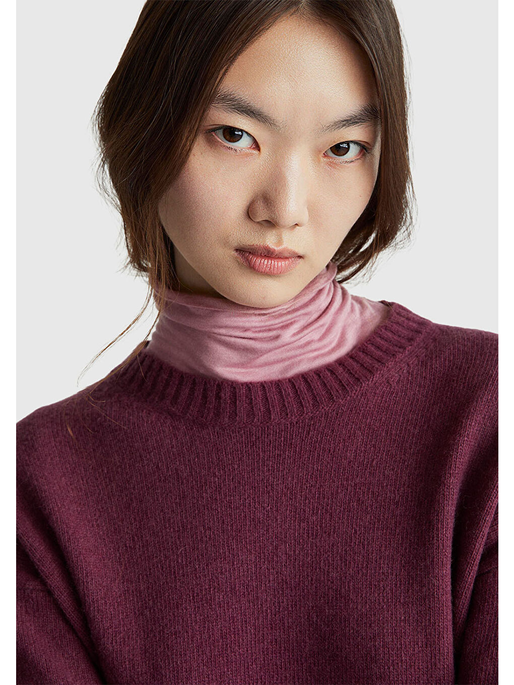 Kadın Mürdüm Yün Karışımlı Alt Kısmı Geniş Bisiklet Yaka Kazak-5