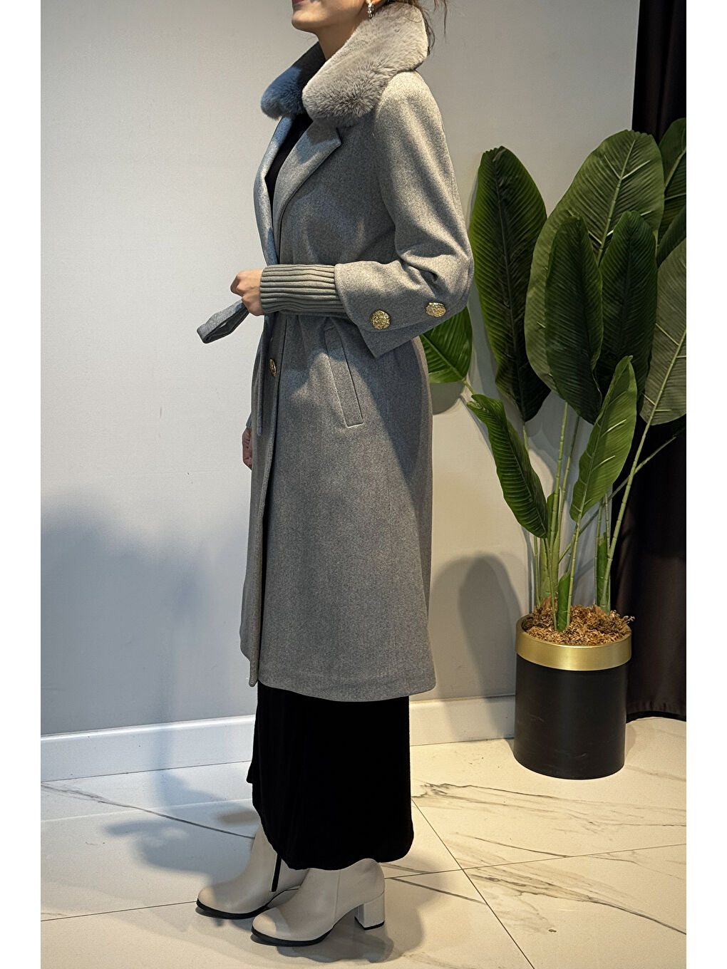 Kürk Detay Düğmeli Kaşe Kaban 6167 Gri-2