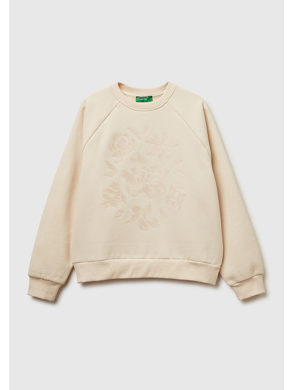 Ekru Kadın Krem Pamuk Karışımlı Önü Çiçek Desenli Bisiklet Yaka Sweatshirt-1