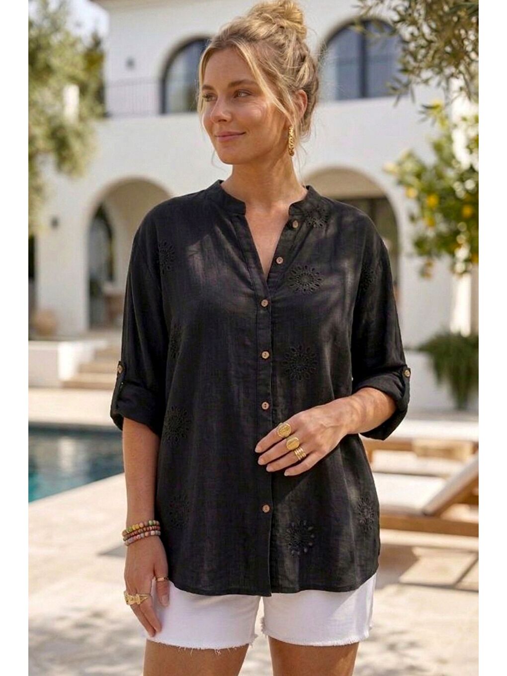 Siyah Hakim Yaka Düğmeli Uzun Kollu Düğmeli Casual Müslin Dokuma Gömlek 75 63-2