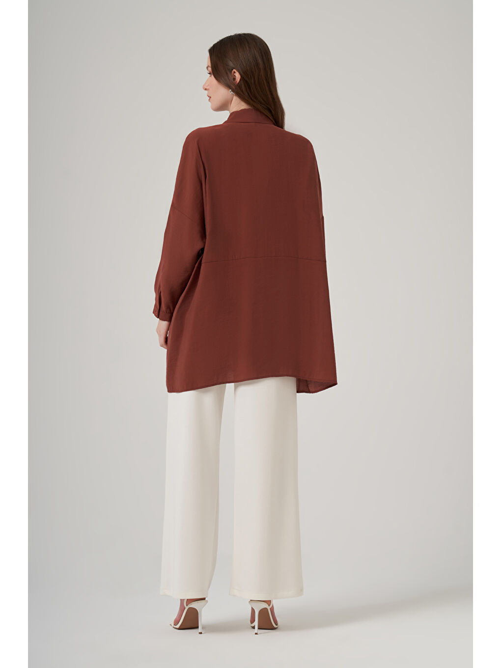 Kahverengi Oversize Basic Yazlık Gömlek 3001 Krokan-2