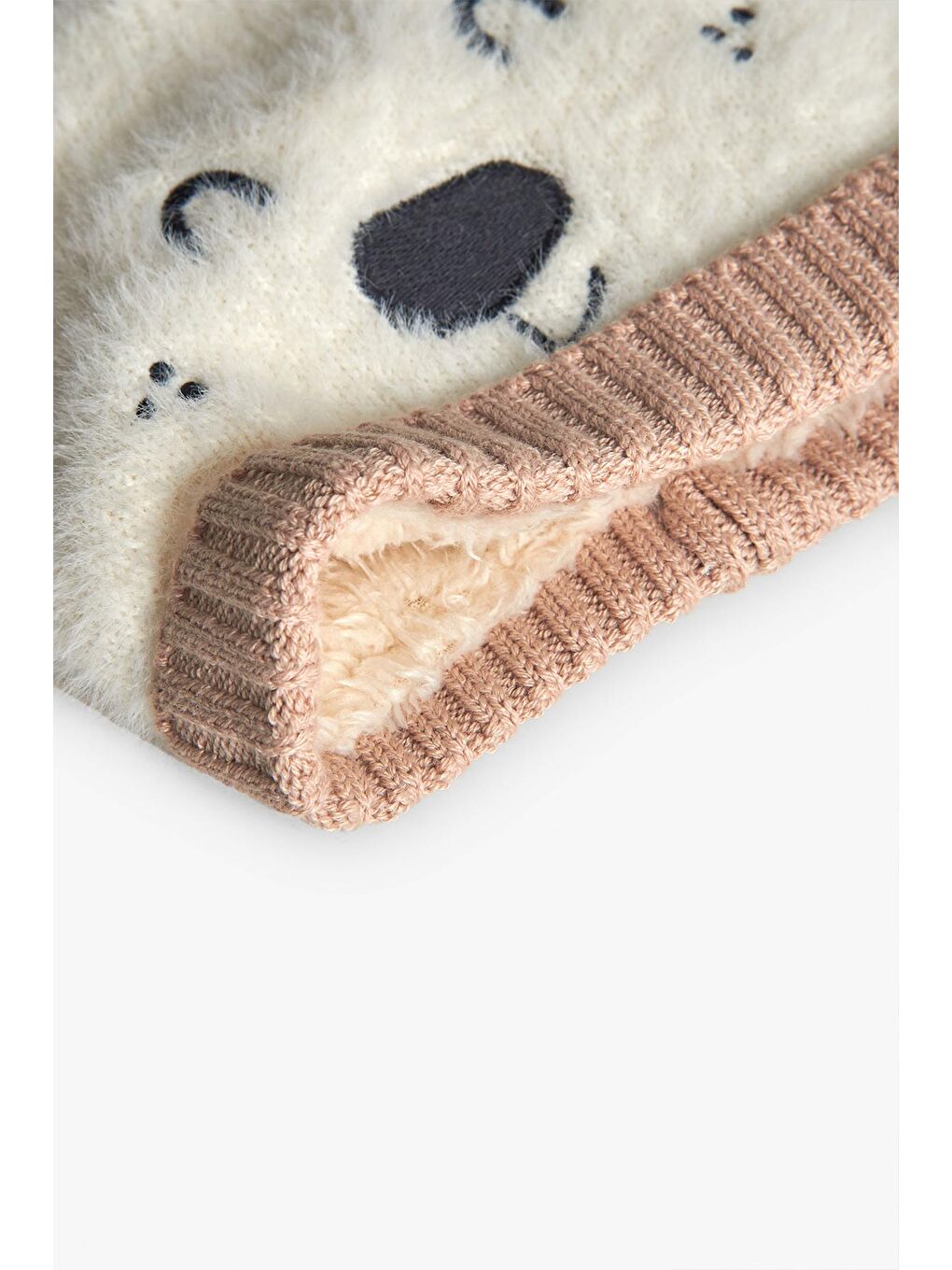 Ekru Unisex Bebek Ayı Desenli Bere-1