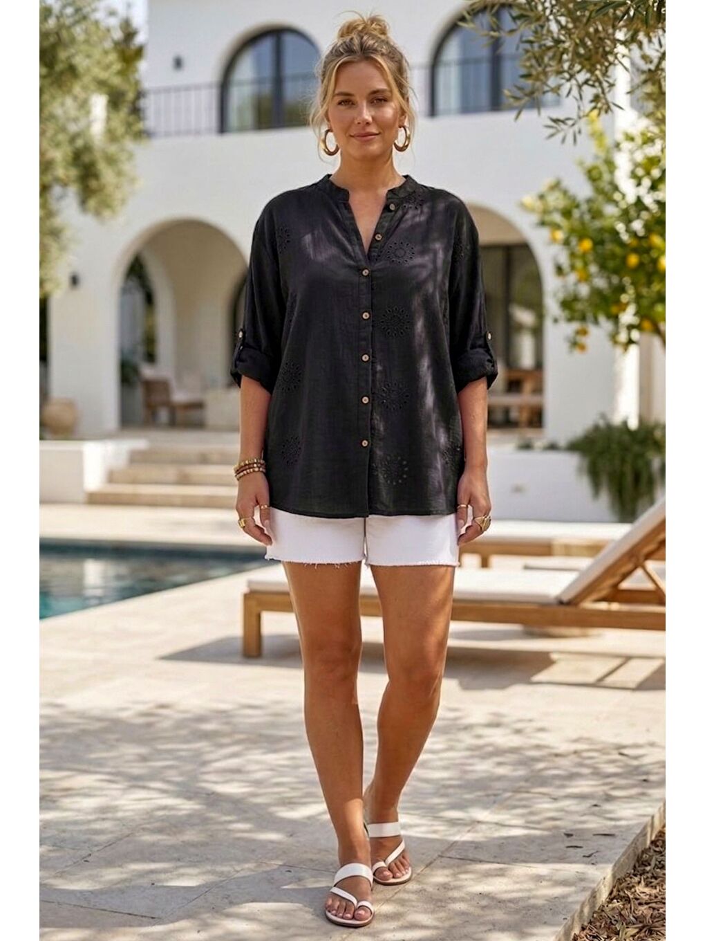 Siyah Hakim Yaka Düğmeli Uzun Kollu Düğmeli Casual Müslin Dokuma Gömlek 75 63-3