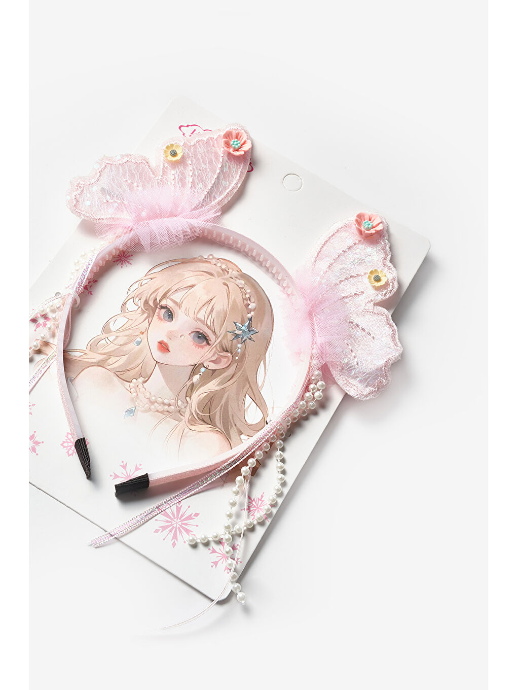 Pembe İncili Kelebek Kanat Figürlü Kız Çocuk Taç-1