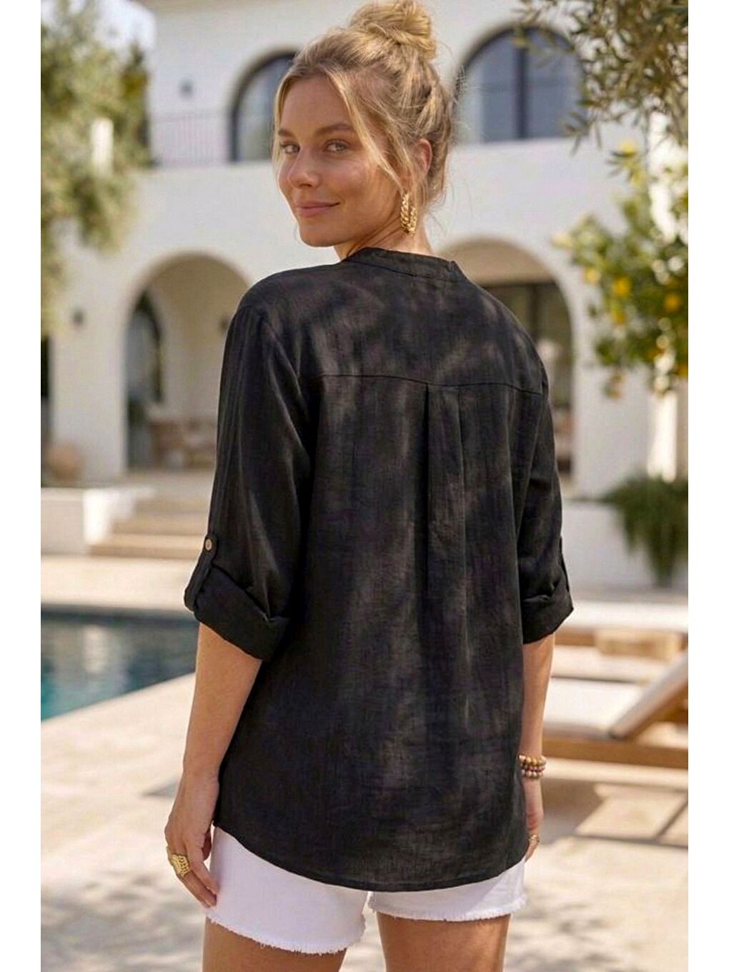 Siyah Hakim Yaka Düğmeli Uzun Kollu Düğmeli Casual Müslin Dokuma Gömlek 75 63-4