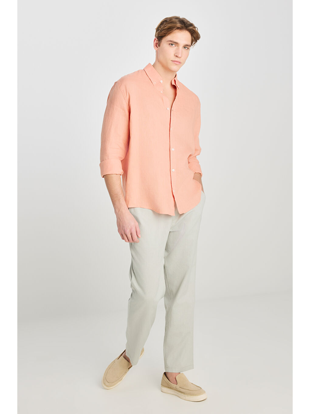 %100 Keten Regular Fit Normal Kesim Turuncu Gömlek-2