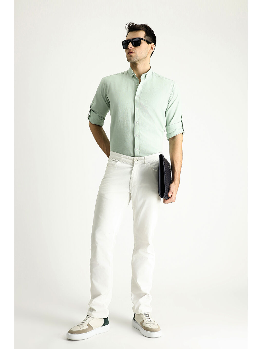 Turkuaz Uzun Kol Rahat Kesim Düğmeli Yaka %100 Pamuk Nefes Alabilen Keten Görünümlü Gömlek-1