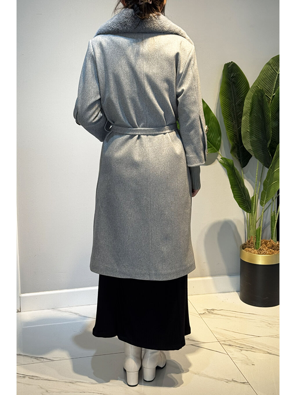 Kürk Detay Düğmeli Kaşe Kaban 6167 Gri-3