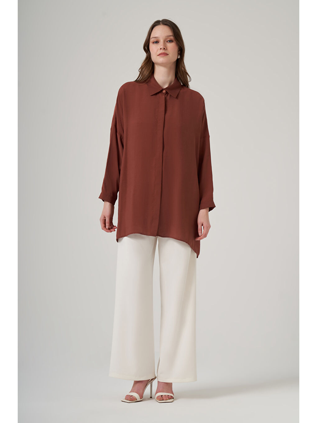 Kahverengi Oversize Basic Yazlık Gömlek 3001 Krokan-3