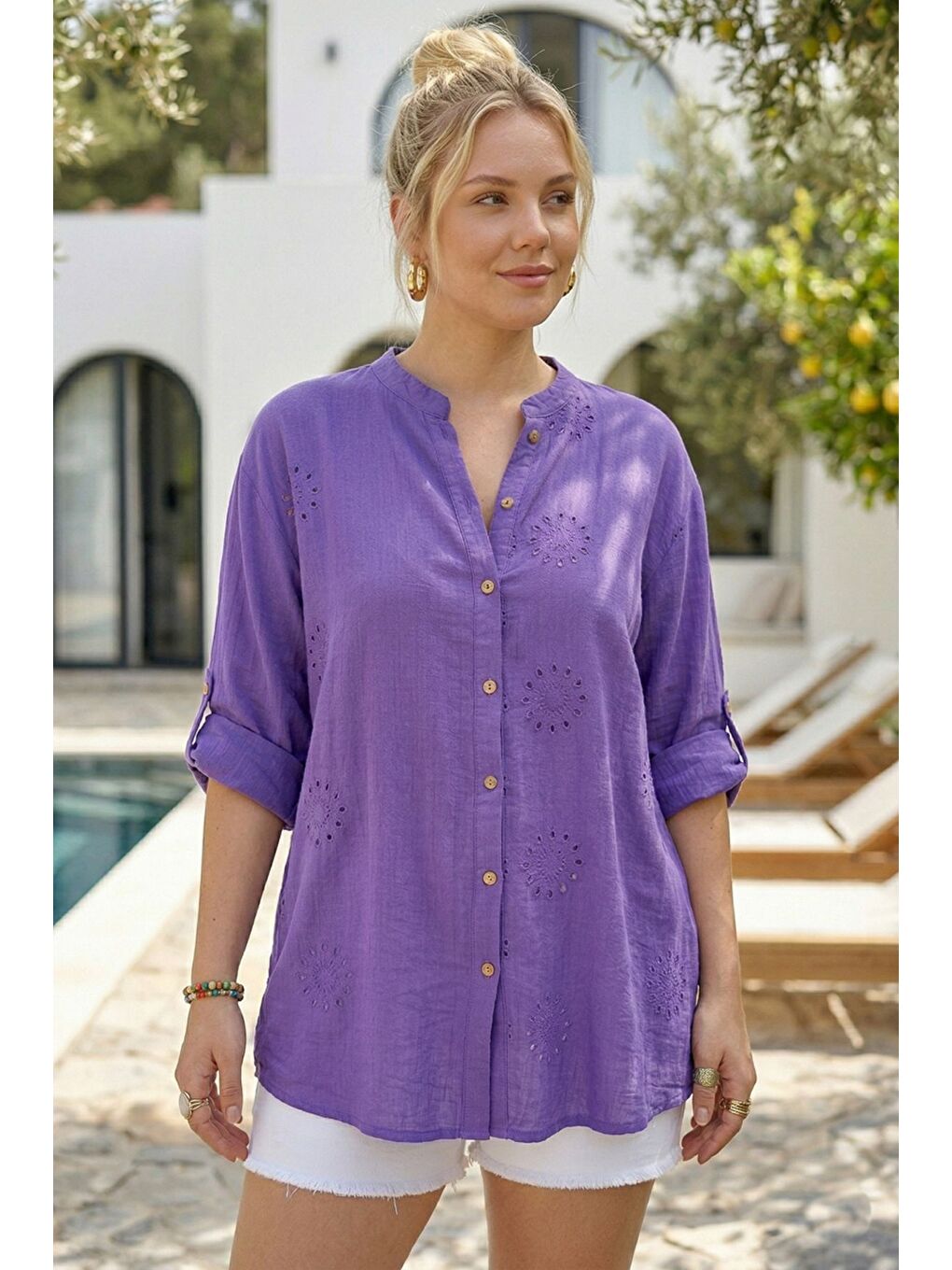 Mor Hakim Yaka Düğmeli Uzun Kollu Düğmeli Casual Müslin Dokuma Gömlek 75 63