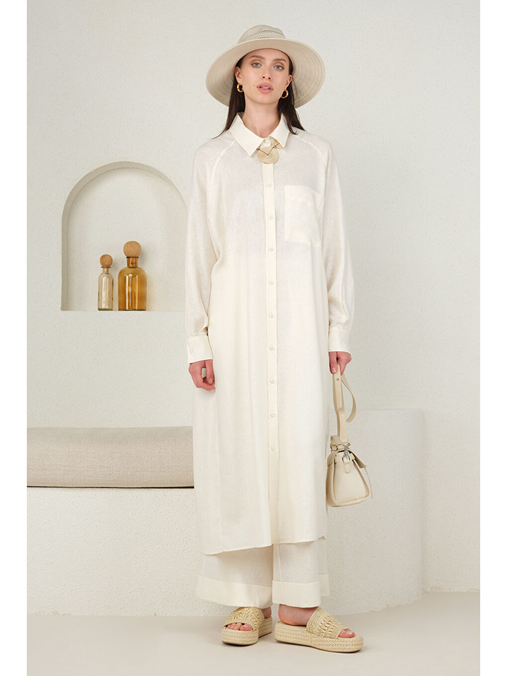 Reglan Kol Keten Gömlek Ekru-1