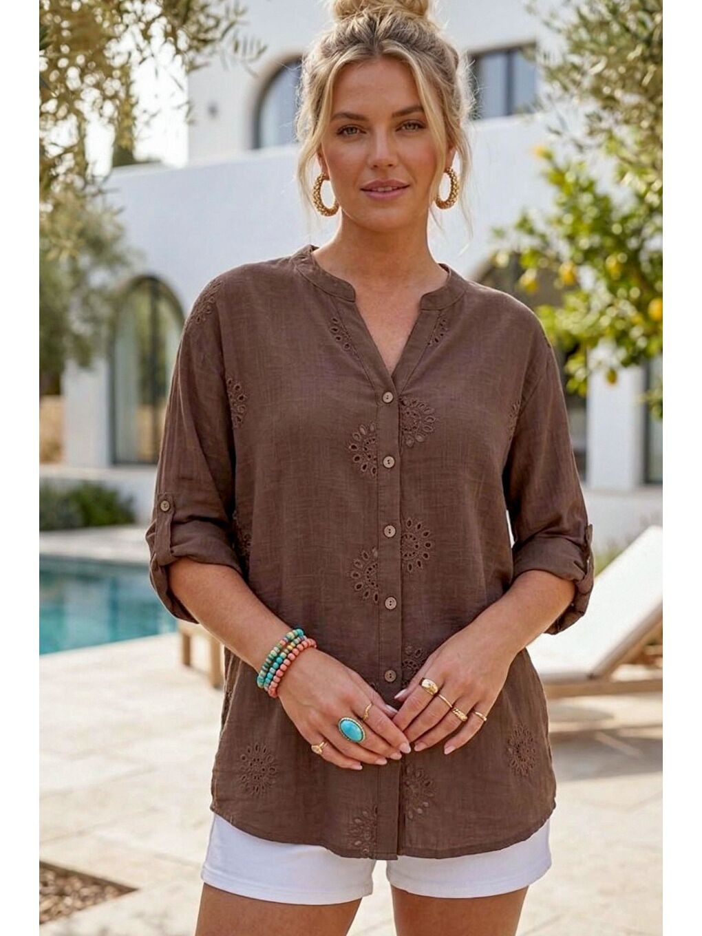 Kahverengi Hakim Yaka Düğmeli Uzun Kollu Düğmeli Casual Müslin Dokuma Gömlek 75 63-2