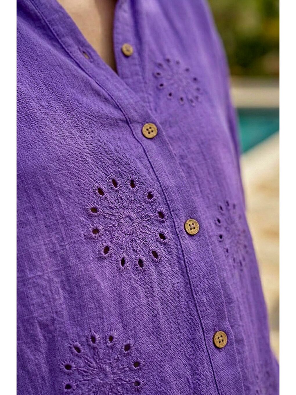 Mor Hakim Yaka Düğmeli Uzun Kollu Düğmeli Casual Müslin Dokuma Gömlek 75 63-1