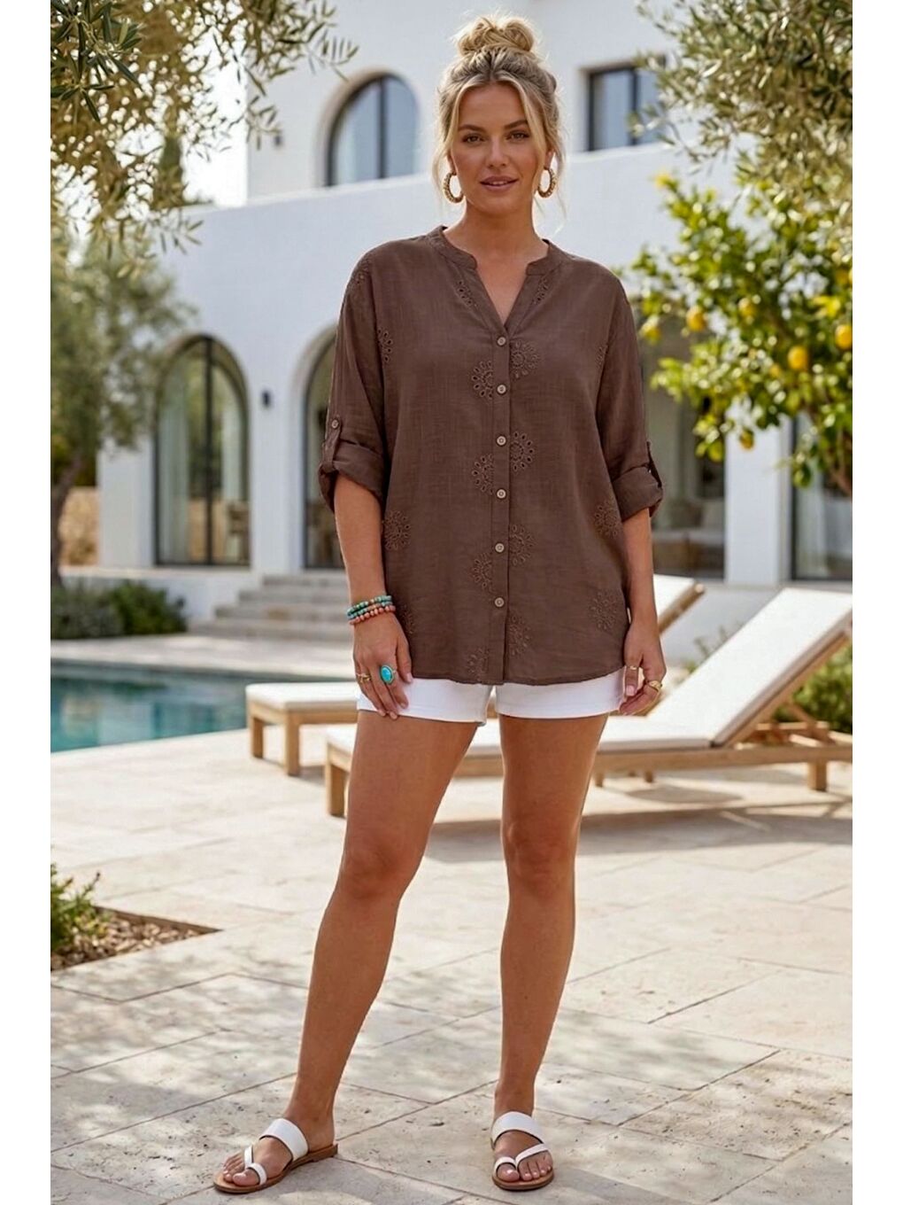 Kahverengi Hakim Yaka Düğmeli Uzun Kollu Düğmeli Casual Müslin Dokuma Gömlek 75 63-3