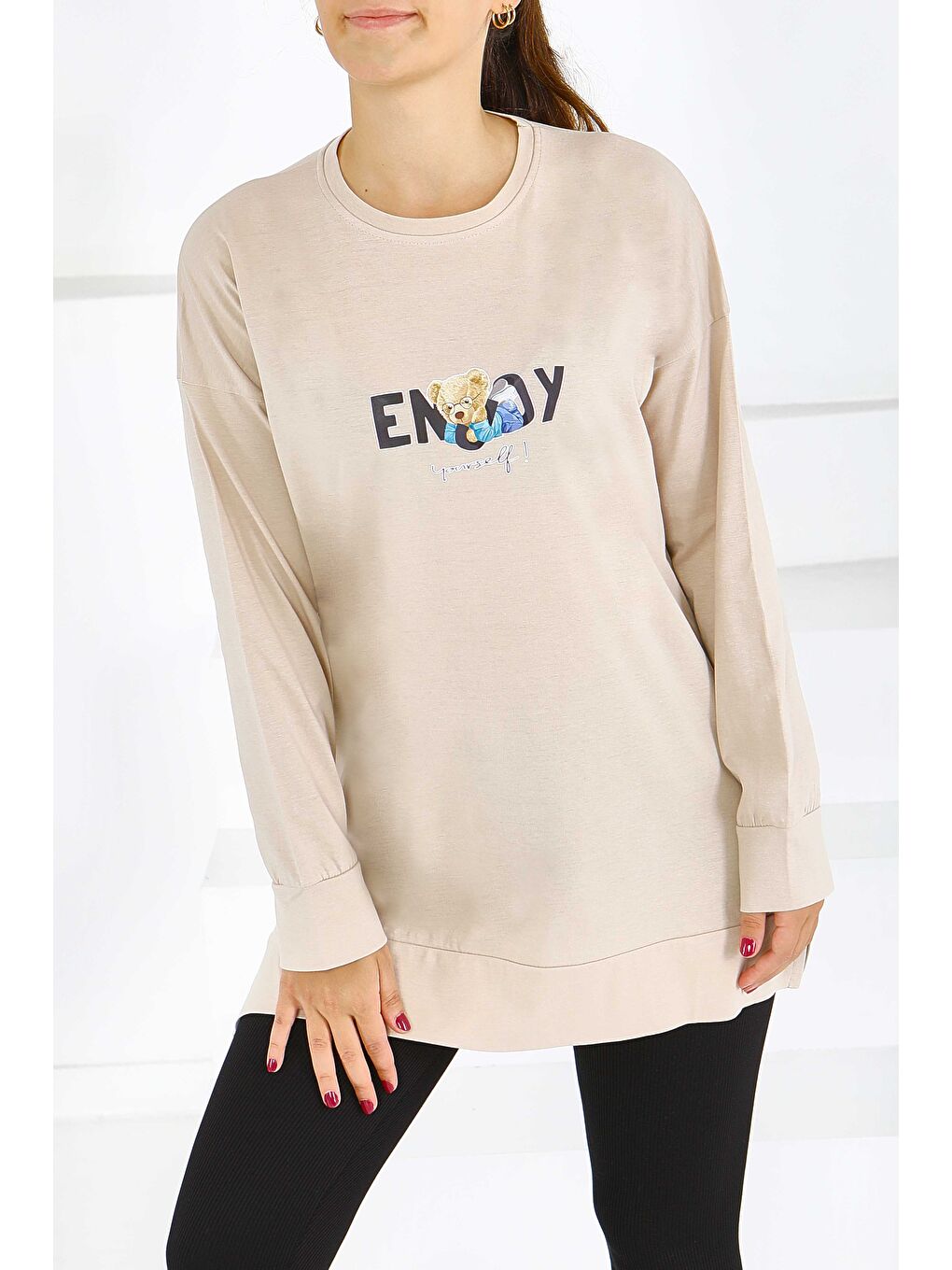 Uzun Kollu Baskılı Süprem Tunik Bej - 27589-1