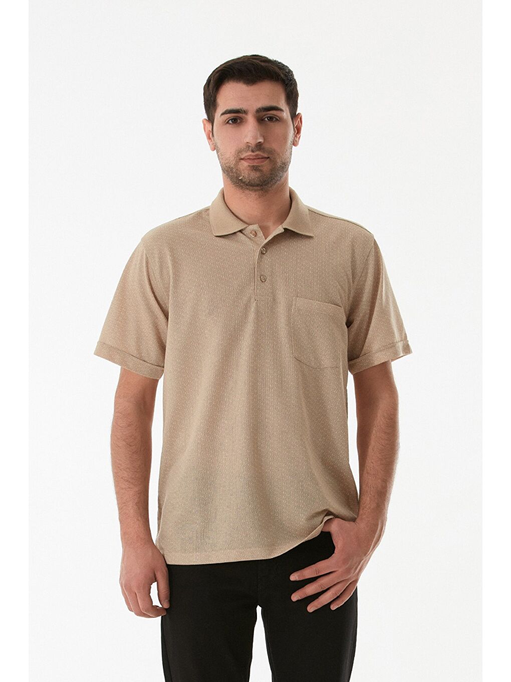 Bej Desenli Düğmeli Polo Yaka Tişört