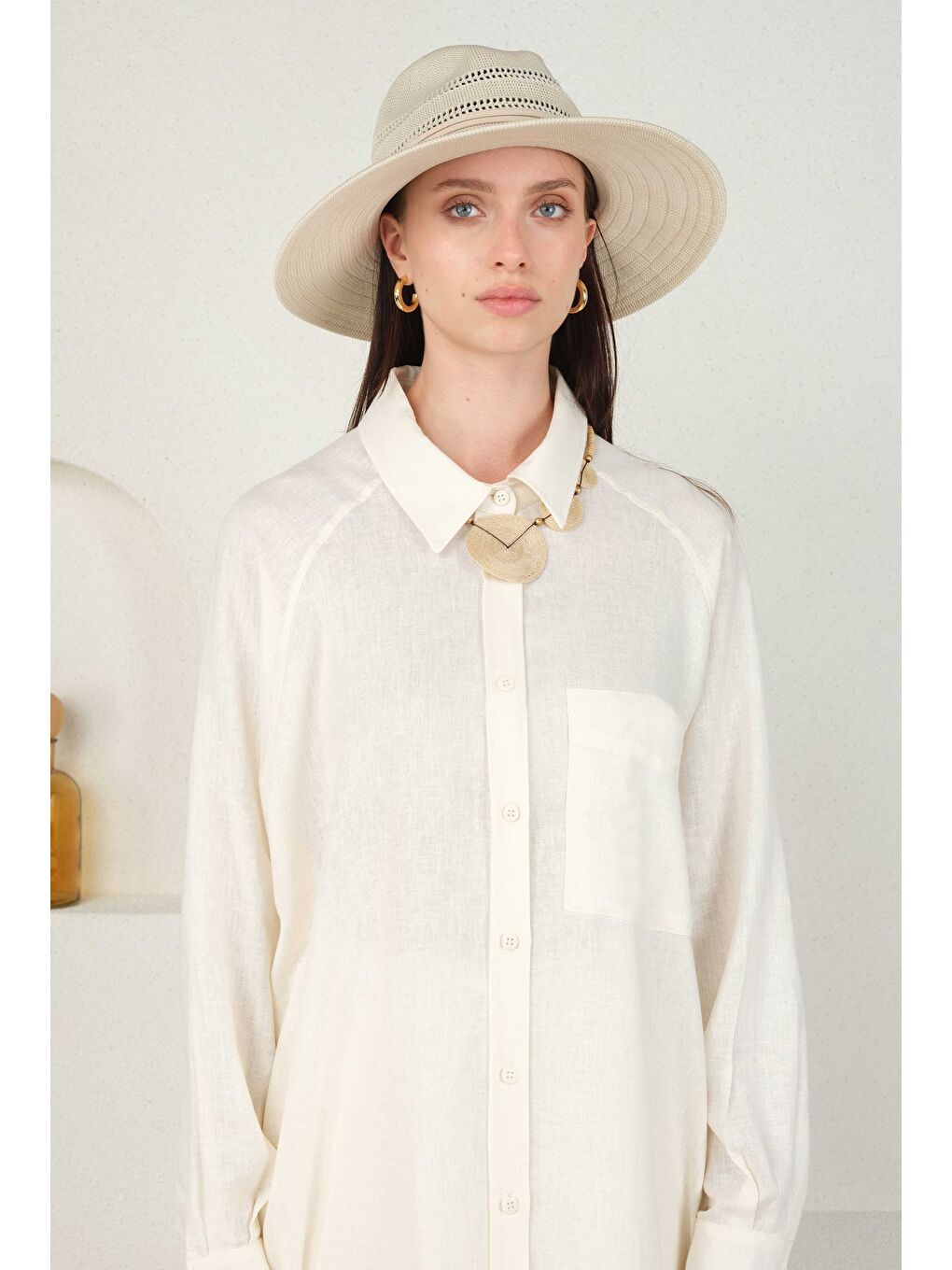 Reglan Kol Keten Gömlek Ekru-3