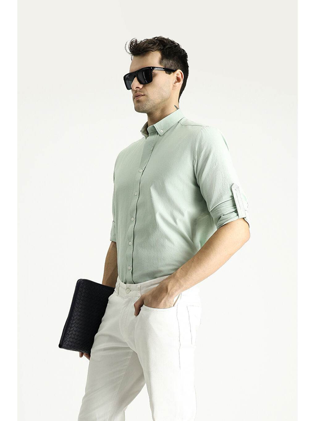 Turkuaz Uzun Kol Rahat Kesim Düğmeli Yaka %100 Pamuk Nefes Alabilen Keten Görünümlü Gömlek-2