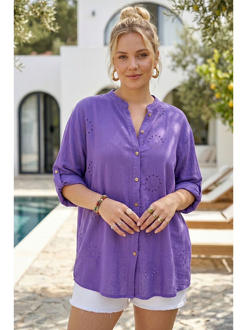 Mor Hakim Yaka Düğmeli Uzun Kollu Düğmeli Casual Müslin Dokuma Gömlek 75 63-2