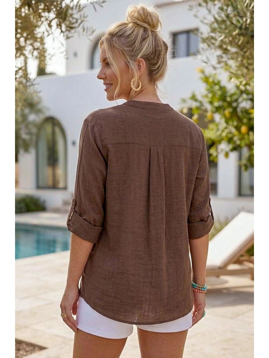 Kahverengi Hakim Yaka Düğmeli Uzun Kollu Düğmeli Casual Müslin Dokuma Gömlek 75 63-4