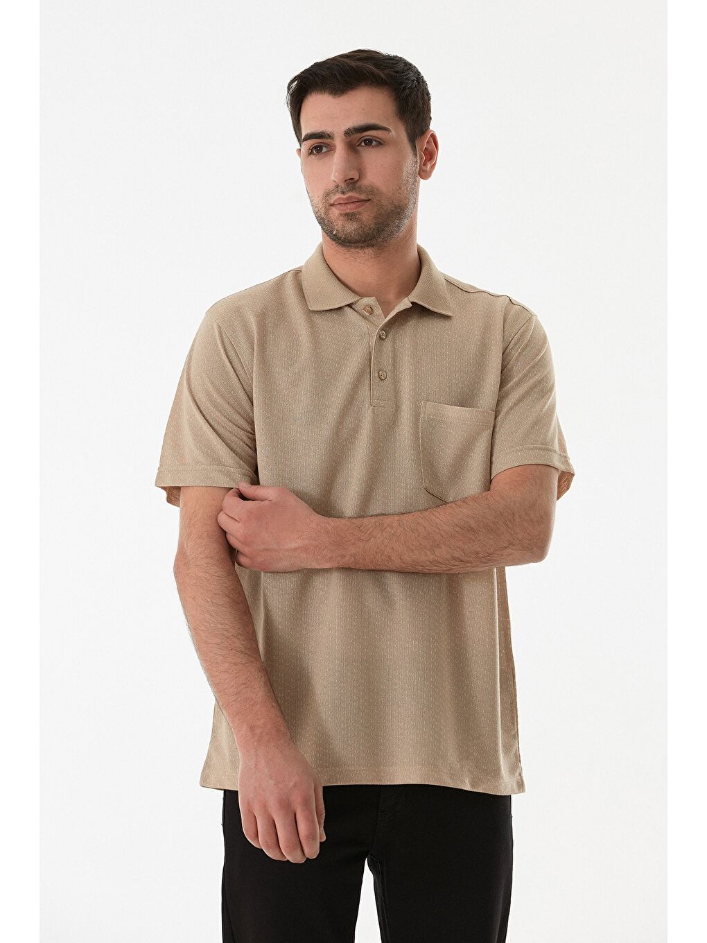 Bej Desenli Düğmeli Polo Yaka Tişört-1