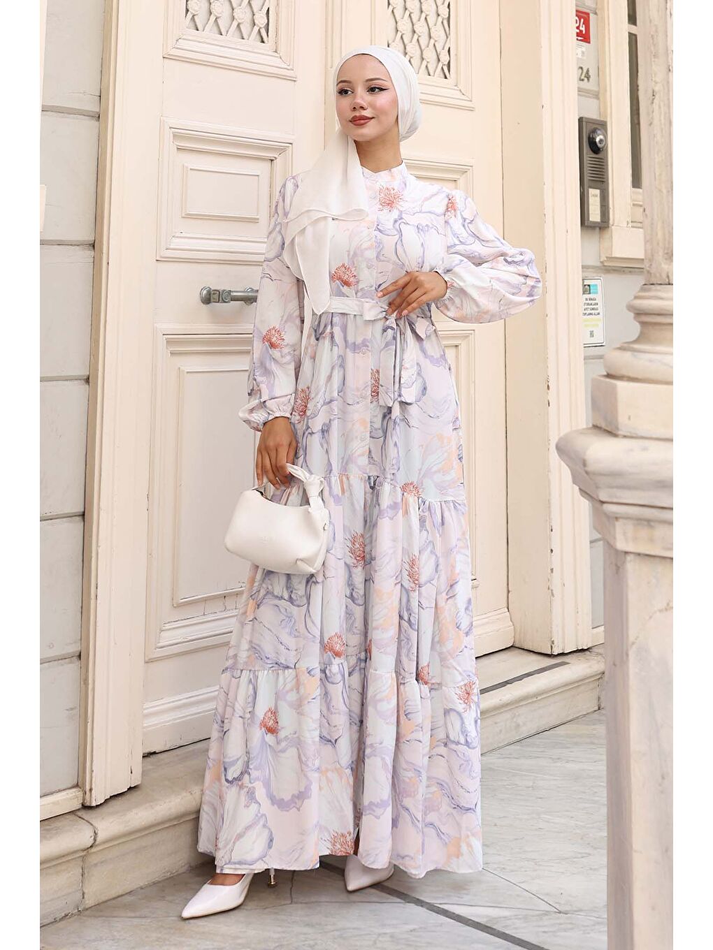 Bej Kadın Desenli Uzun Tesettür Elbise 2586 - Taş