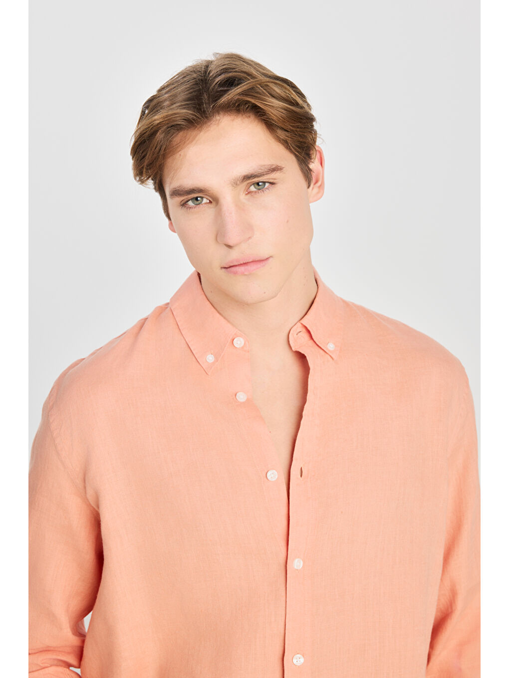 %100 Keten Regular Fit Normal Kesim Turuncu Gömlek-3