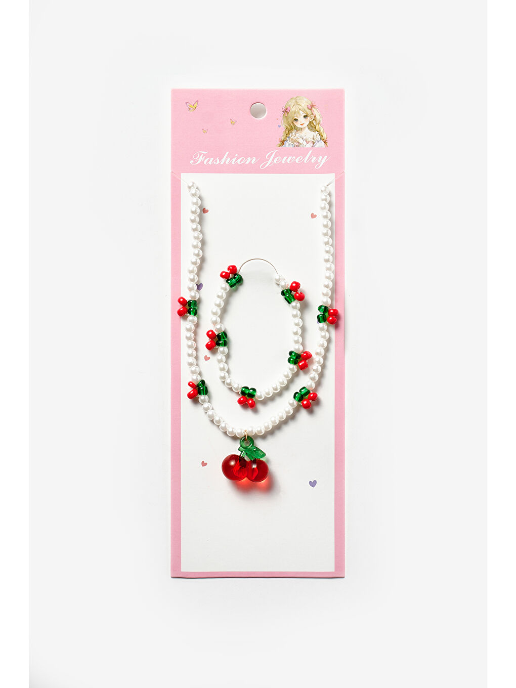 Beyaz Kiraz Figürlü Kız Çocuk Kolye ve Bileklik Set