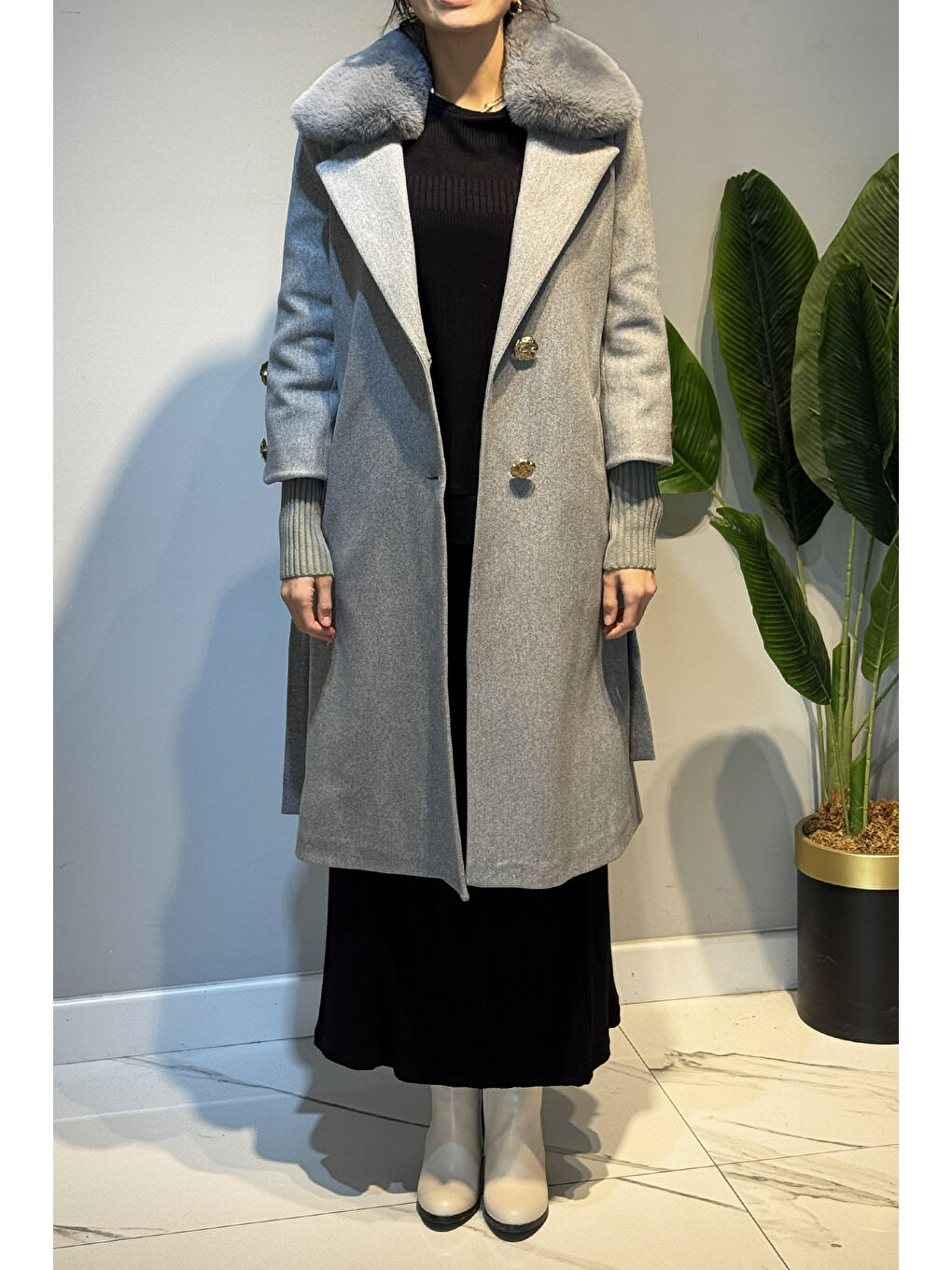 Kürk Detay Düğmeli Kaşe Kaban 6167 Gri-4