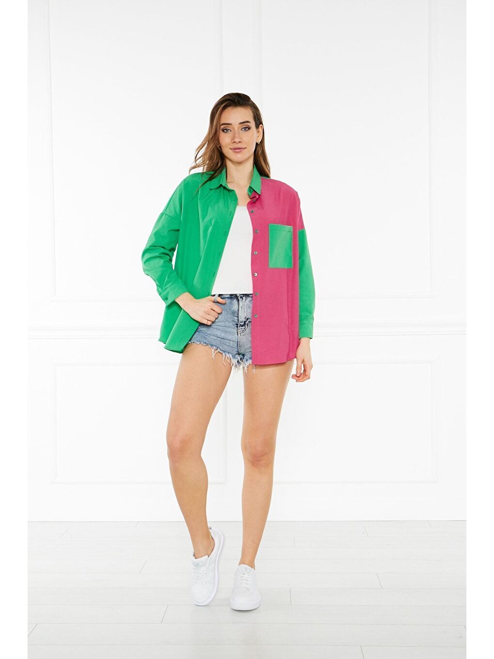 Yeşil Kadın Blok Renkli Oversize Çift Renk Poplin Gömlek-1