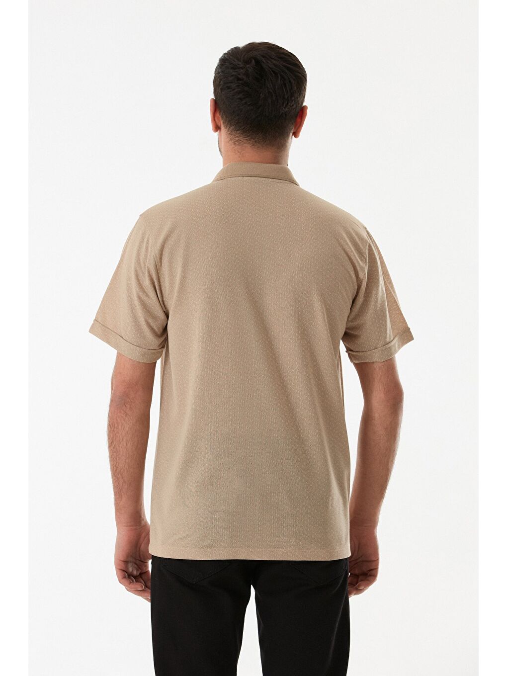 Bej Desenli Düğmeli Polo Yaka Tişört-3
