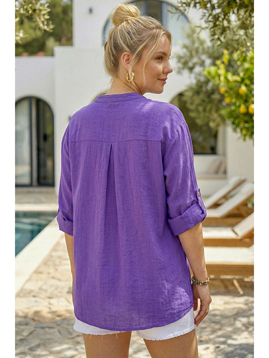 Mor Hakim Yaka Düğmeli Uzun Kollu Düğmeli Casual Müslin Dokuma Gömlek 75 63-4