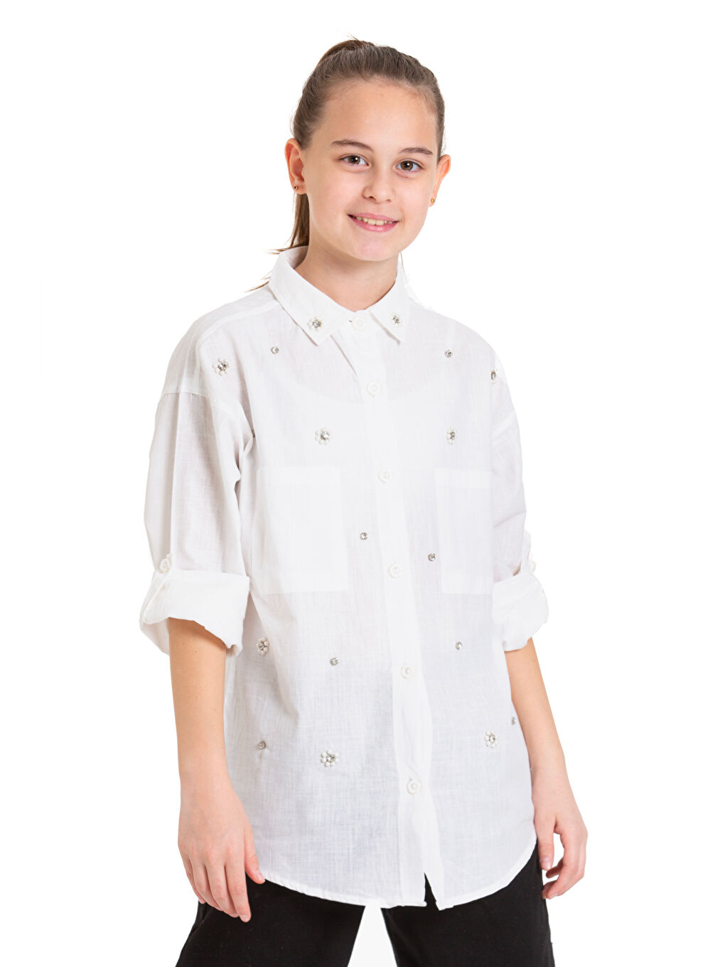 Ekru Kız Çocuk Taş Süslemeli Gömlek P093
