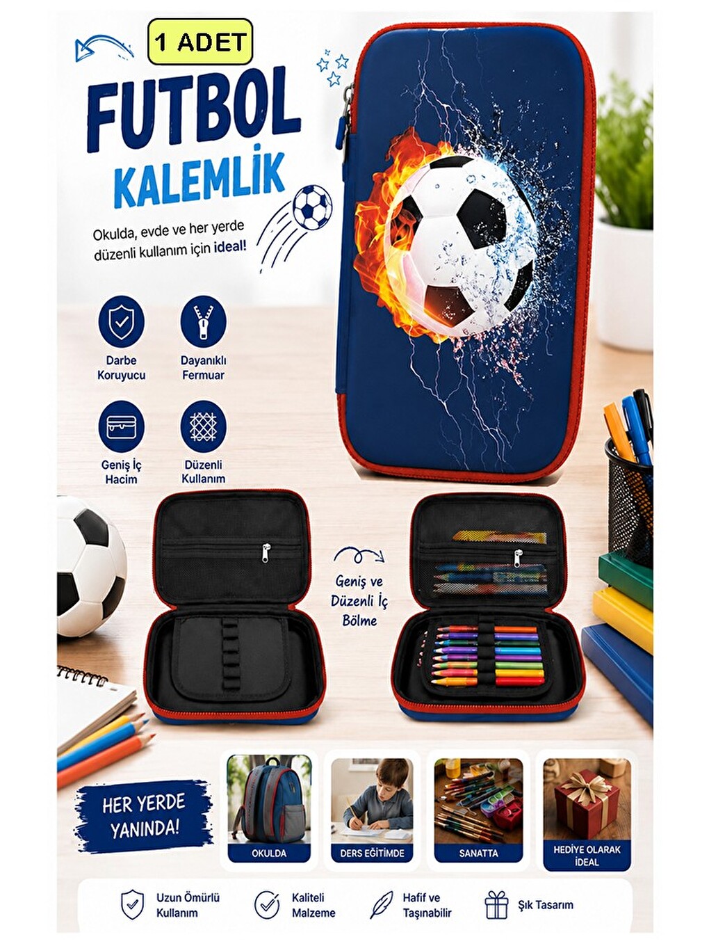 Futbol Kabartmalı Bölmeli Kalemlik 1 Adet P-6011 Erkek Çocuk Okul Kalem Kutusu 3 Boyutlu Sevimli Kar