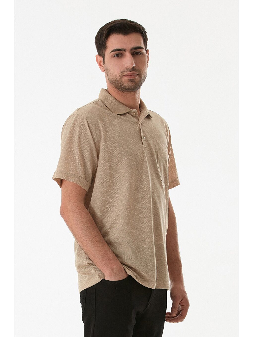 Bej Desenli Düğmeli Polo Yaka Tişört-4